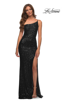 Black One-Shoulder Long Sequin Prom Dress by La Femme