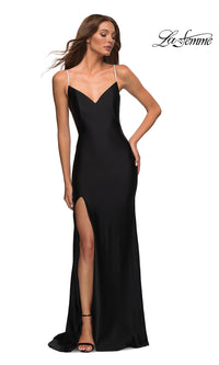 Black La Femme Simple Long Prom Dress with Beaded Straps
