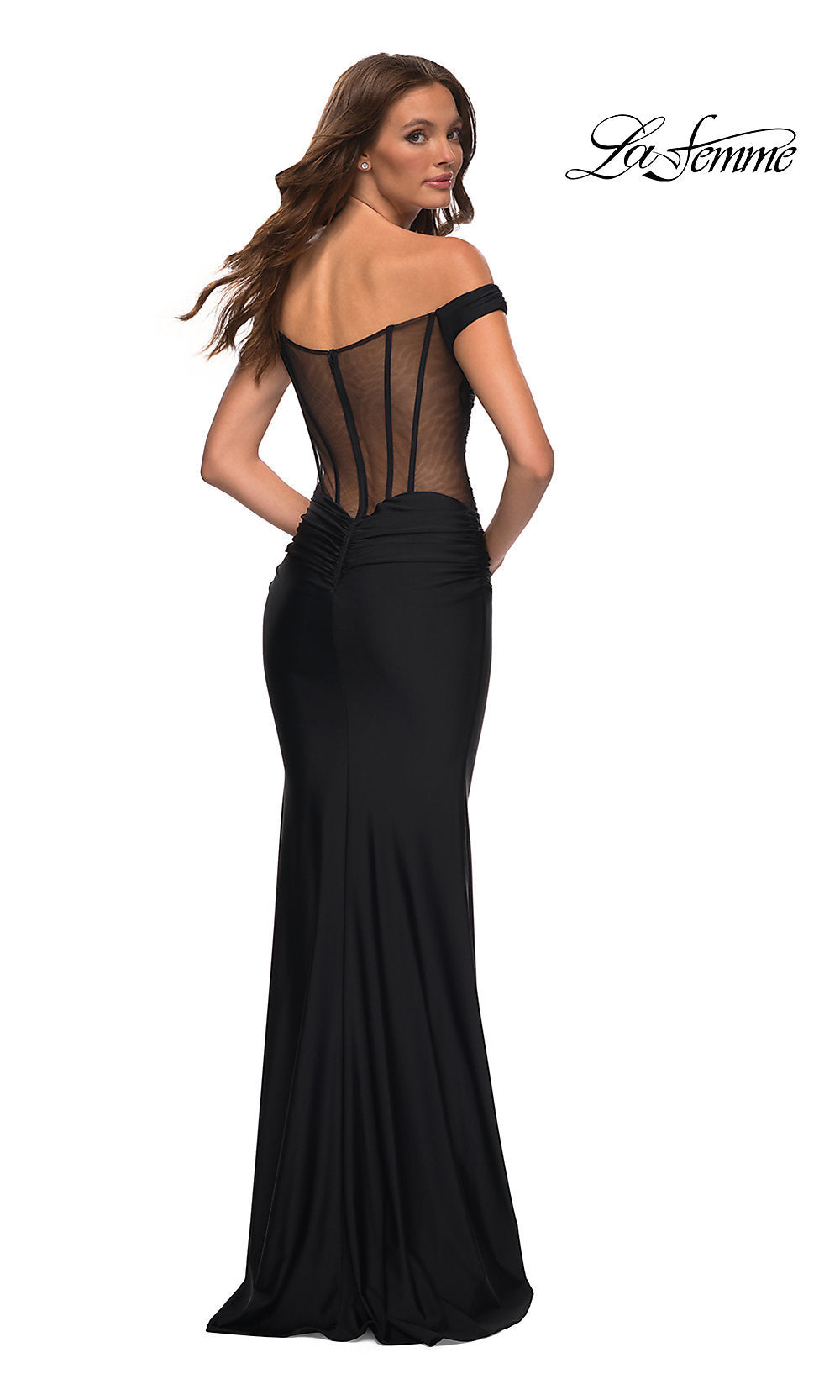 Sheer Corset-Back Long Prom Dress by La Femme Dark Emerald / 8 Sheer Corset-Back Long Prom Dress by La Femme Dark Emerald / 8