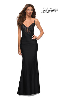 Black La Femme Long Prom Dress with Sheer Corset Bodice