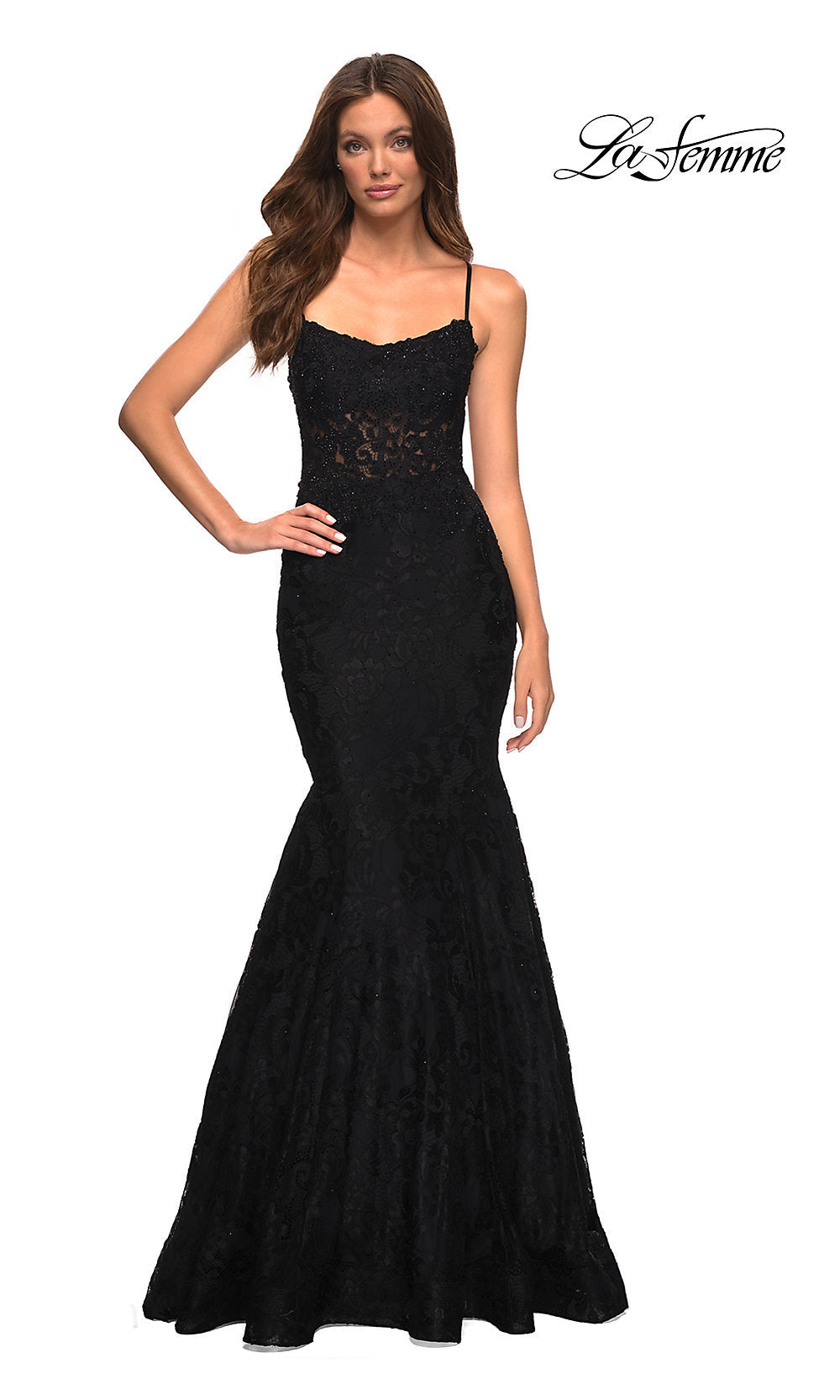 Black La Femme Sheer-Bodice Long Lace Mermaid Prom Dress