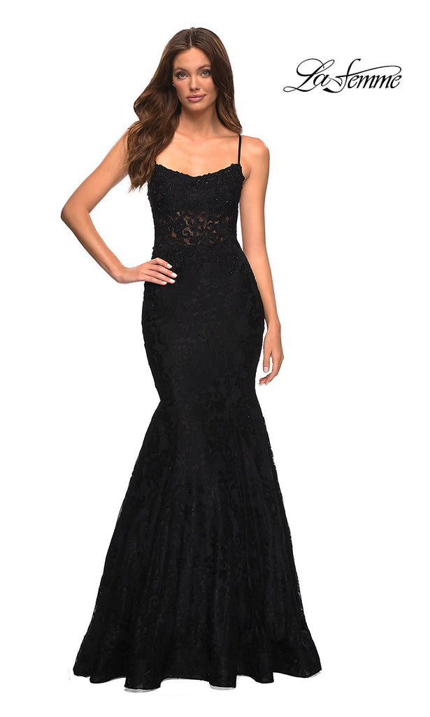 La Femme Mermaid Lace Gown with Sheer Bodice and Open Back - Black