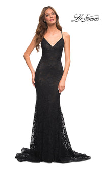  La Femme Open-Back V-Neck Long Lace Prom Dress