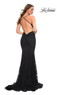 Black La Femme Open-Back V-Neck Long Lace Prom Dress