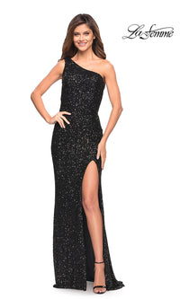 Black One-Shoulder Long La Femme Sequin Prom Dress