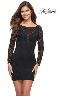 Black La Femme Long-Sleeve Short Black Homecoming Dress