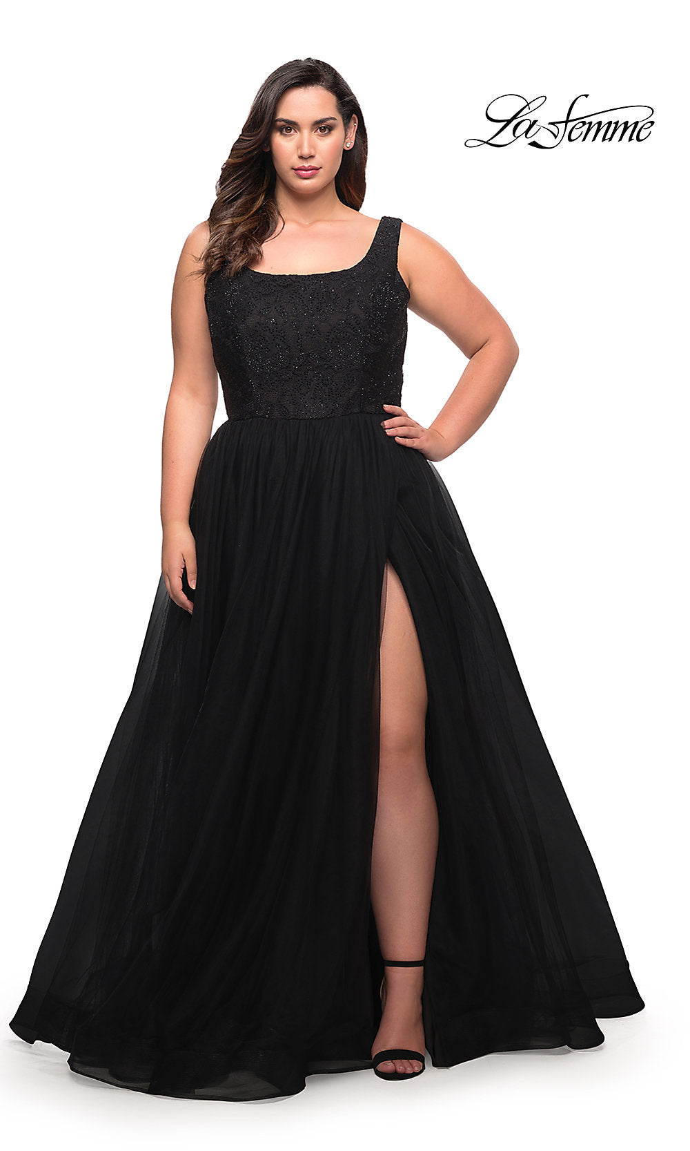 La Femme A-Line Long Lace-Bodice Plus-Size Prom Gown Black / 14W