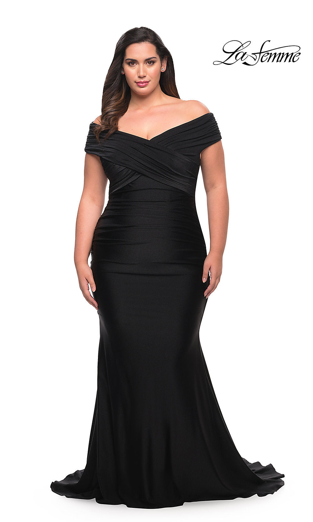 Black La Femme Off-Shoulder Long Plus-Size Prom Dress