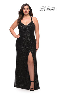 Black La Femme Fitted Long Sequin Plus-Size Prom Dress