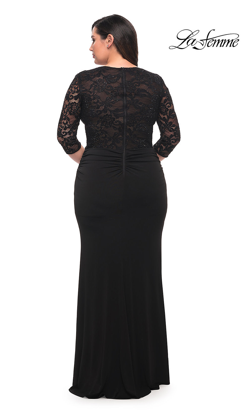 La Femme Long Formal Plus-Size Dress with Lace Sleeves