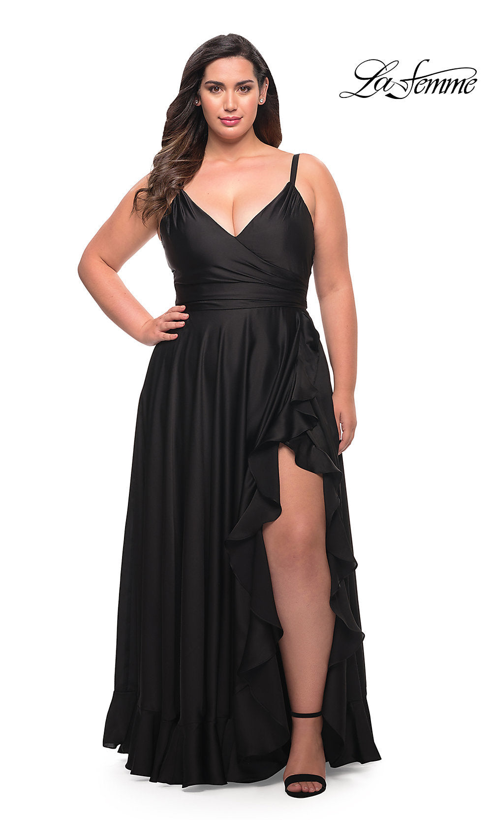 La Femme Long Plus-size Formal Prom Dress with Ruffle