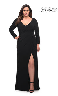 Black La Femme Plus-Size Long Sleeve Black Prom Dress