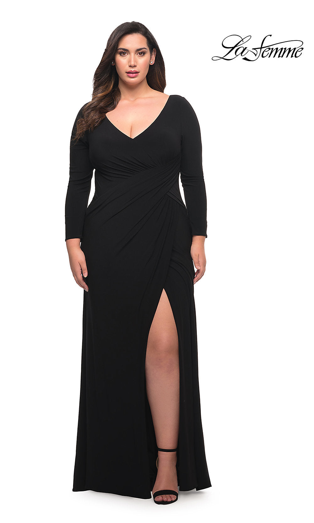 La Femme Plus-Size Long Sleeve Black Prom Dress