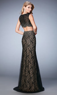  Gigi Two Piece Floor Length Black Lace Formal Gown