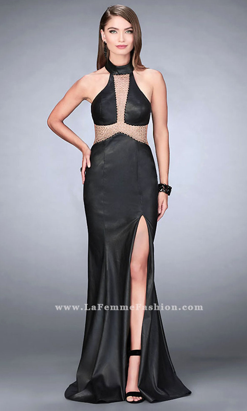Long Metal Chain Detail Black Vegan Leather Dress