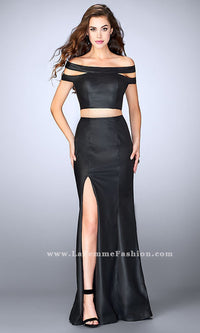 Black Two Piece Vegan Leather Black Prom Dress