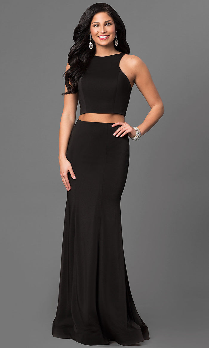 Black Two Piece La Femme Prom Dress with an Open Back