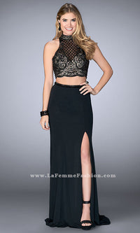 Black Two Piece Black Jersey Prom Dress with an Open Back