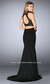  Two Piece Black Jersey Prom Dress with an Open Back