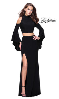 Black La Femme Long Cold-Shoulder Prom Dress