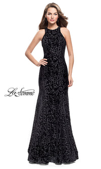 Black Velvet Long La Femme Prom Dress with Open Back