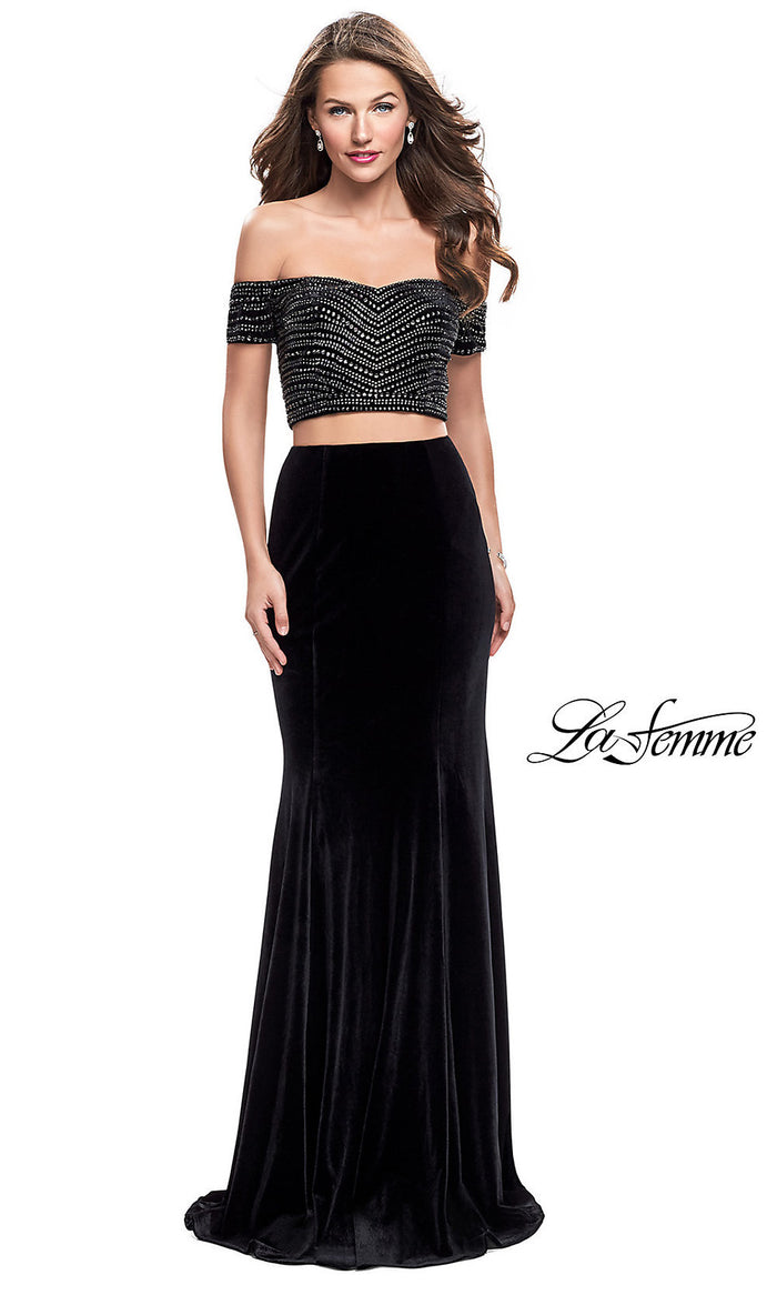 Black Long Two-Piece Off-the-Shoulder Velvet La Femme Prom Dress