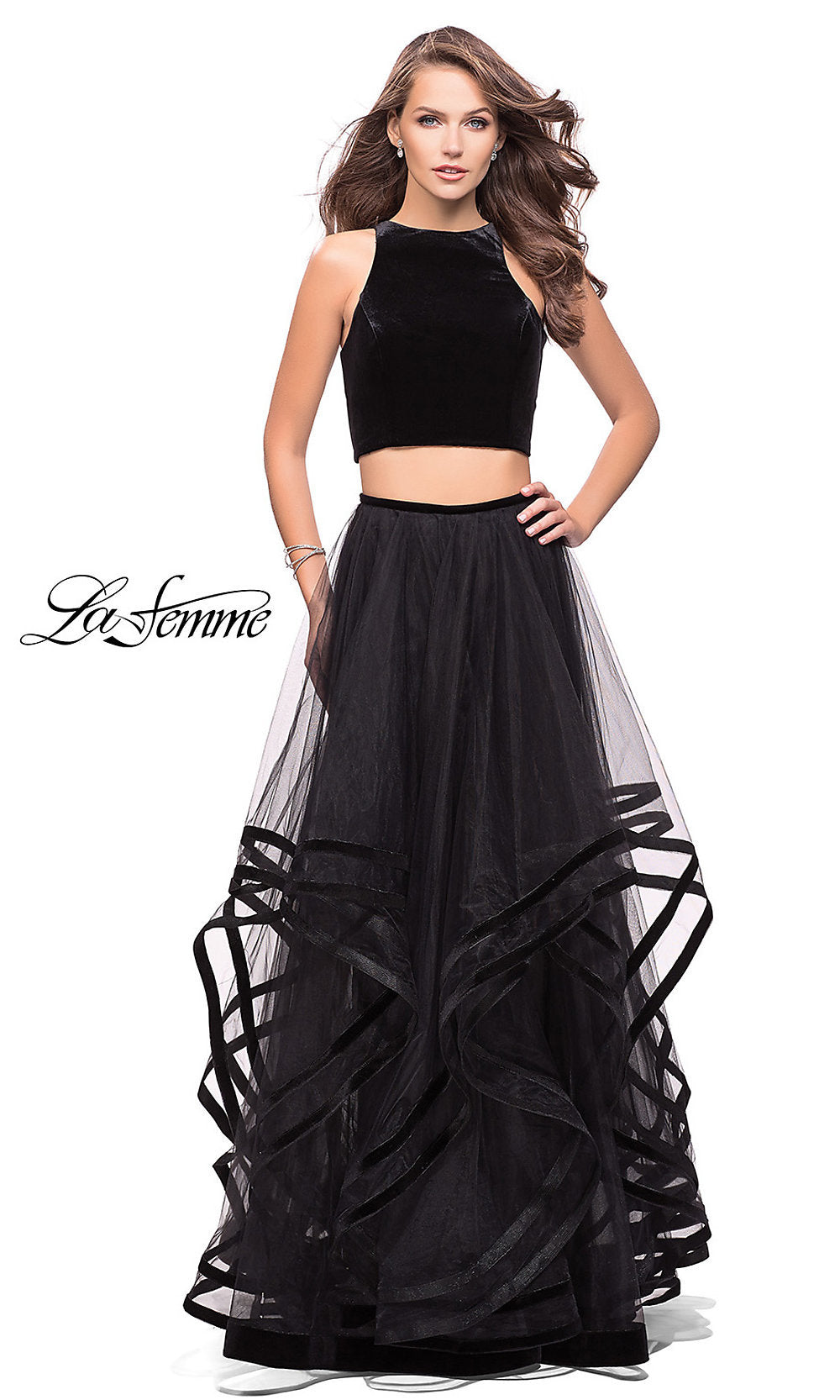 Black Long Two-Piece La Femme Prom Dress with Open Back