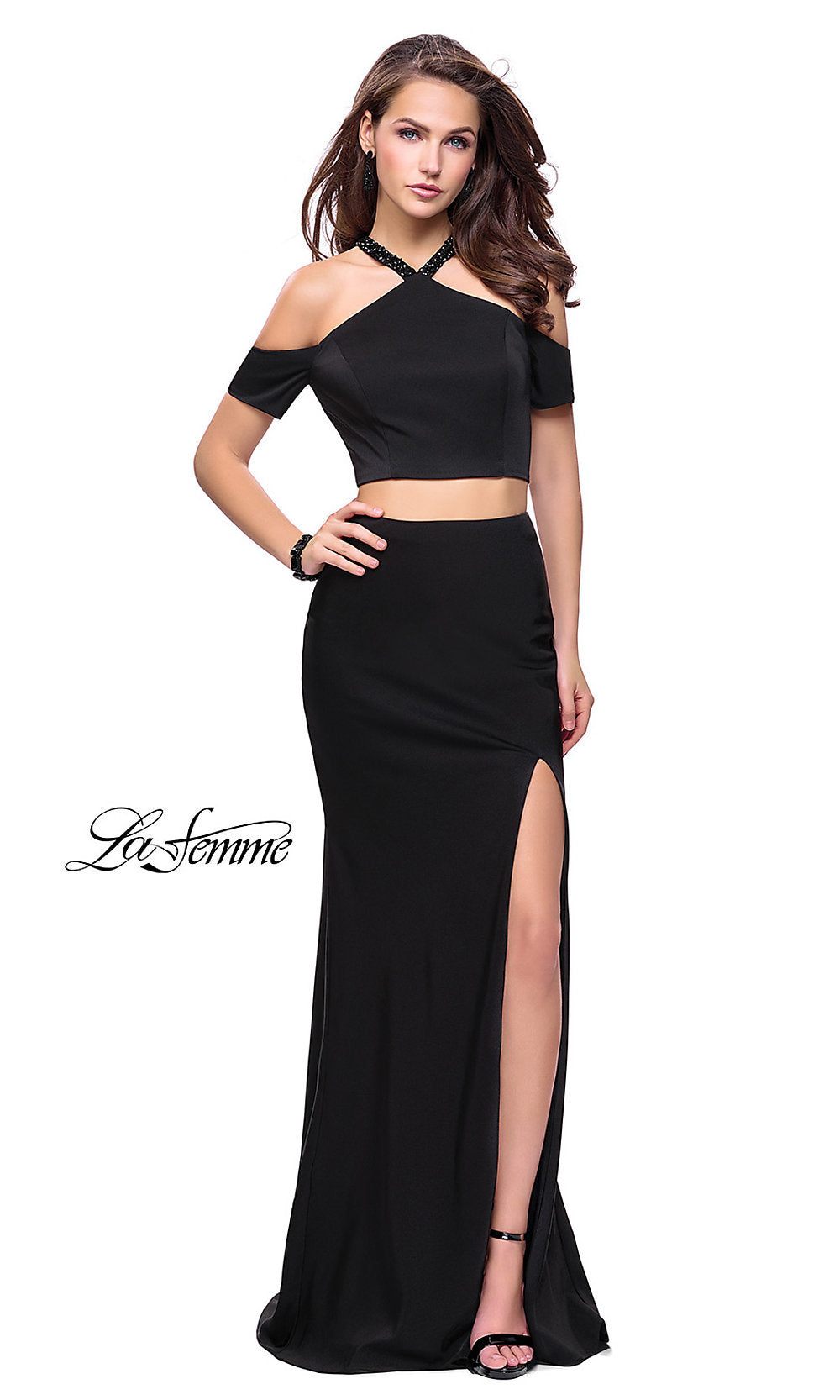 Two-Piece Cold-Shoulder Prom Dress by La Femme Black / 00 Two-Piece Cold-Shoulder Prom Dress by La Femme Black / 00