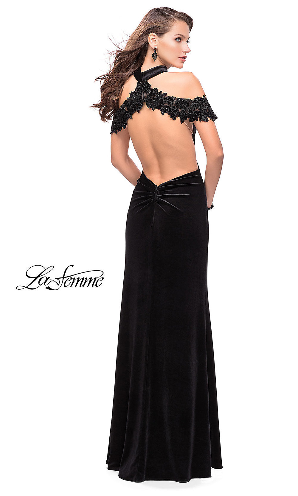  Off-the-Shoulder Long Velvet La Femme Prom Dress with Beading