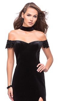  Off-the-Shoulder Long Velvet La Femme Prom Dress with Beading