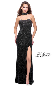 Black Beaded Strapless Long La Femme Prom Dress with Slit