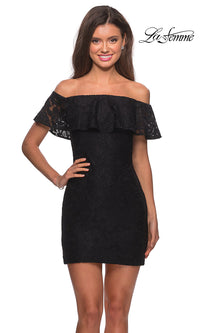 Black La Femme Off-the-Shoulder Short Lace Party Dress