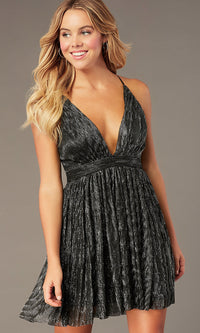 Black Short Homecoming V-Neck Metallic Party Dress