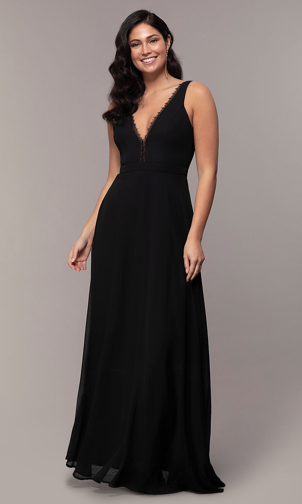 Black Long Black Formal V-Neck Evening Gown with Lace Trim