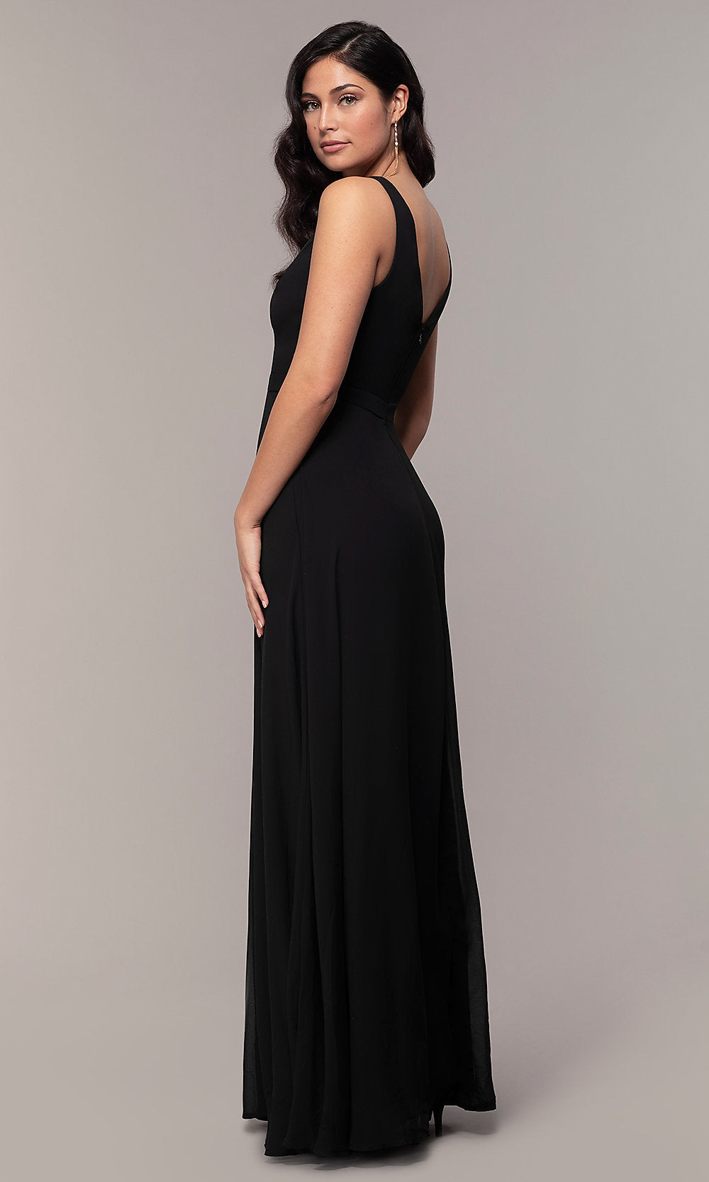 Long Black Formal V-Neck Evening Gown with Lace Trim