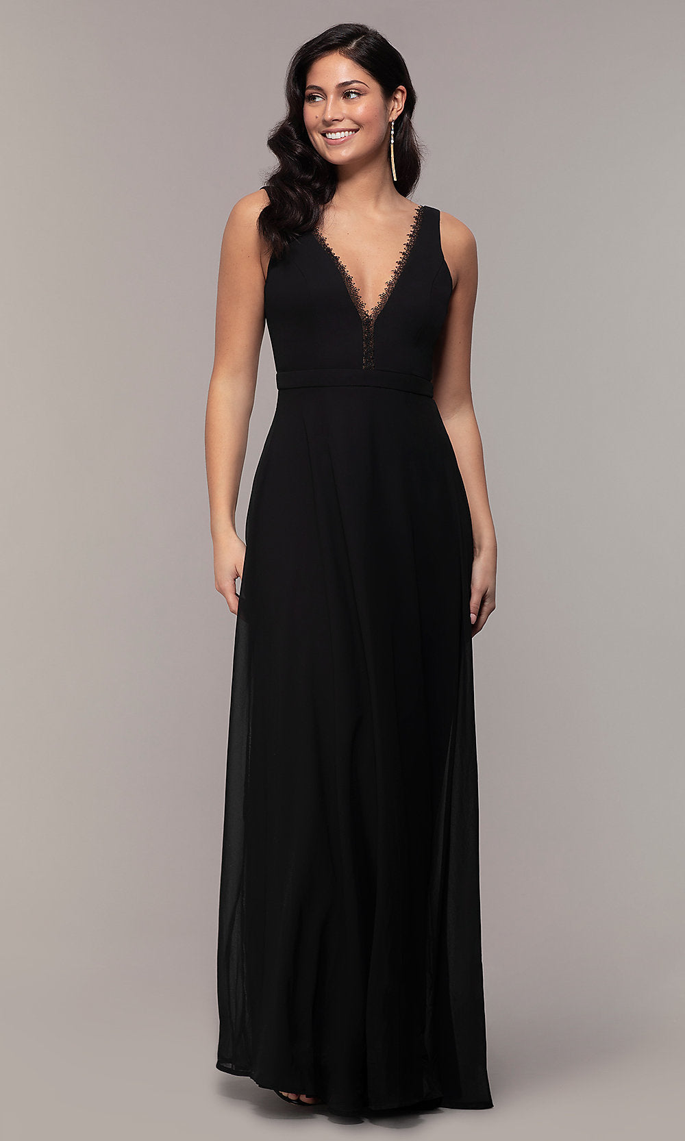 Long Black Formal V-Neck Evening Gown with Lace Trim