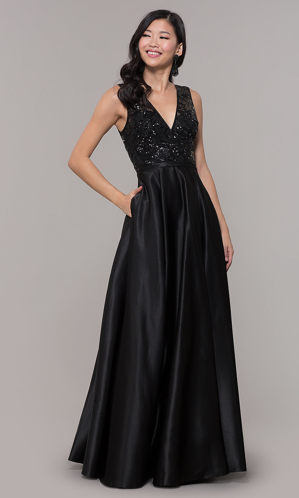 Black Black Satin Long Prom Dress with Sequin Bodice