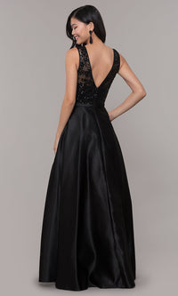  Black Satin Long Prom Dress with Sequin Bodice