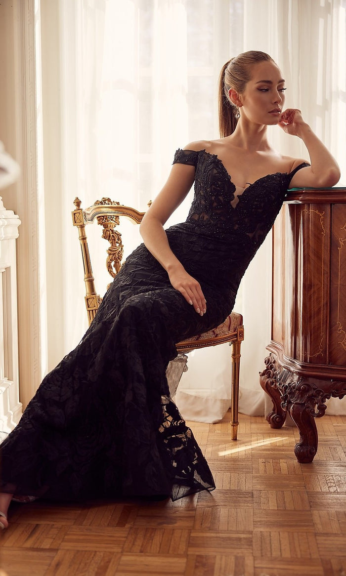 Black Off-the-Shoulder Long Mermaid Lace Prom Dress