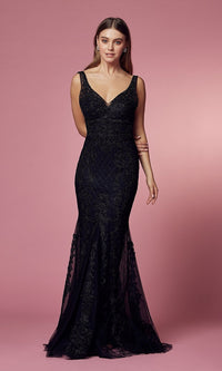 Black Deep V-Back Long Prom Dress with Beaded Embroidery