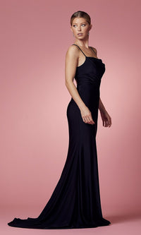 Black Cowl-Neck Long Prom Dress with Strappy Open Back