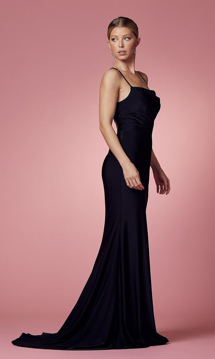Black Cowl-Neck Long Prom Dress with Strappy Open Back