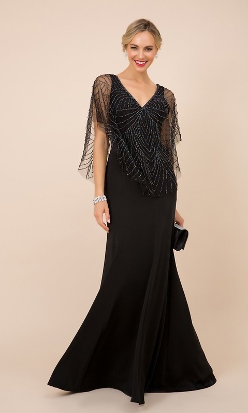Black V-Neck Beaded Cape Long Women's Formal Gown