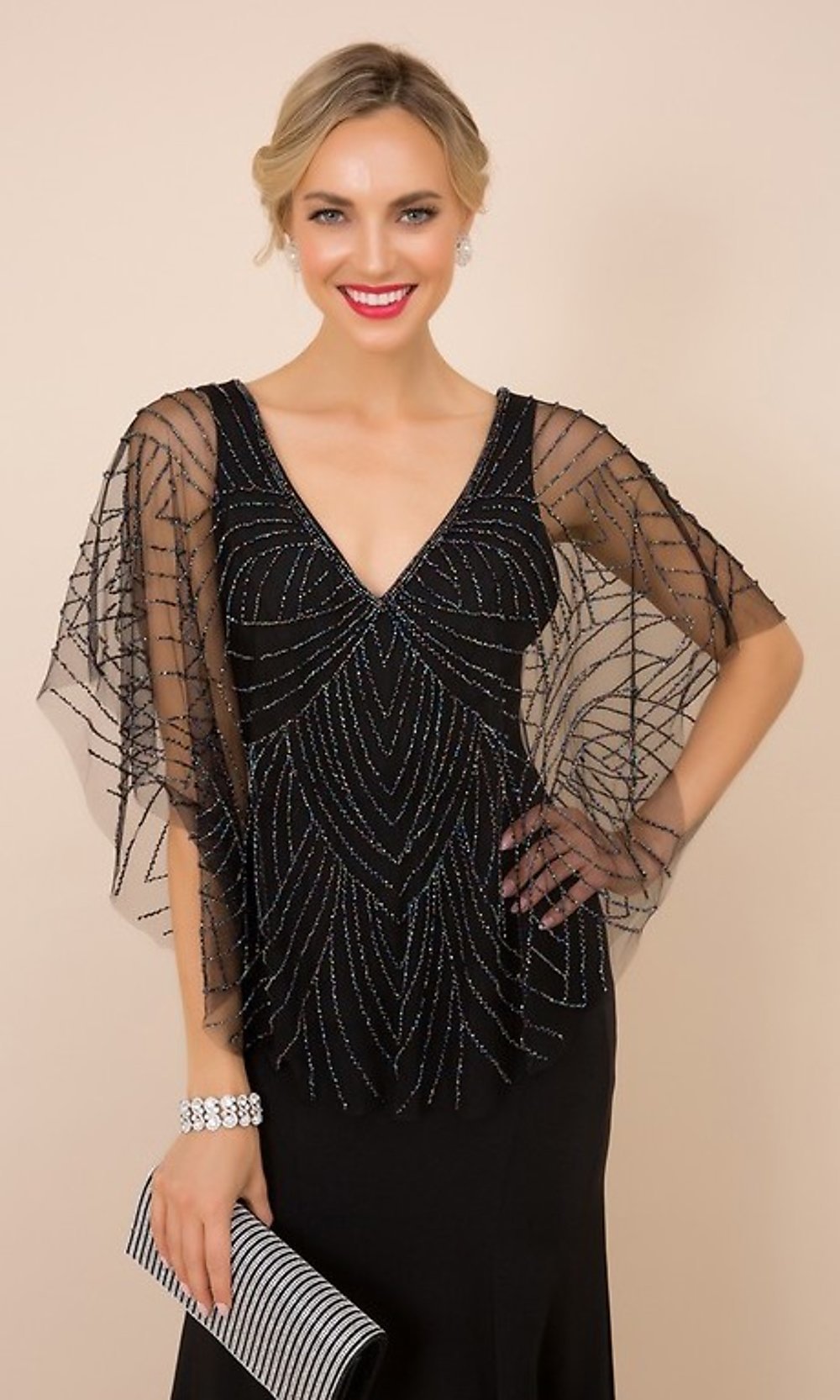  V-Neck Beaded Cape Long Women's Formal Gown