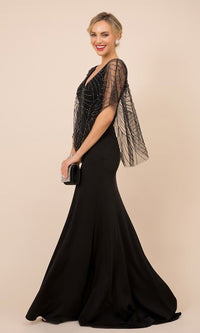  V-Neck Beaded Cape Long Women's Formal Gown