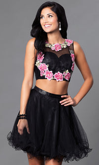 Black Two-Piece Embroidered Short Homecoming Dress