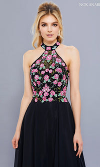 Black Embroidered-Bodice Long Halter A-Line Prom Dress