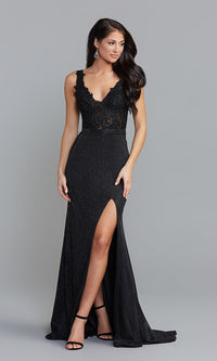 Black Sheer-Bodice Long Prom Dress with Glitter Skirt
