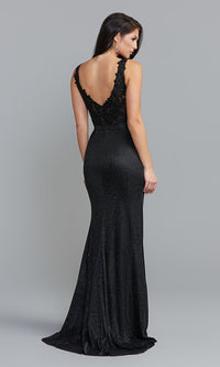  Sheer-Bodice Long Prom Dress with Glitter Skirt