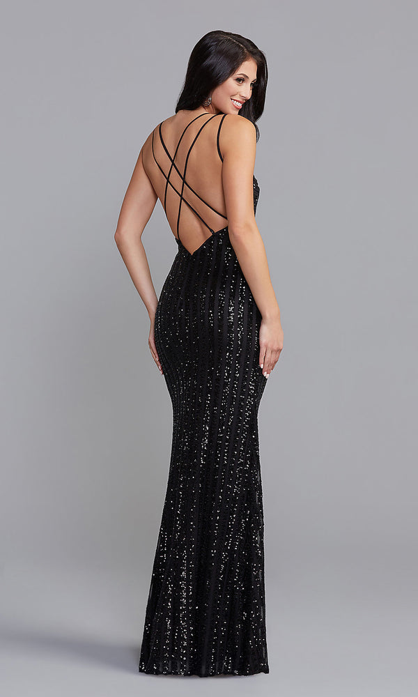Formal Strappy-Back Sequin-Striped Long Prom Dress